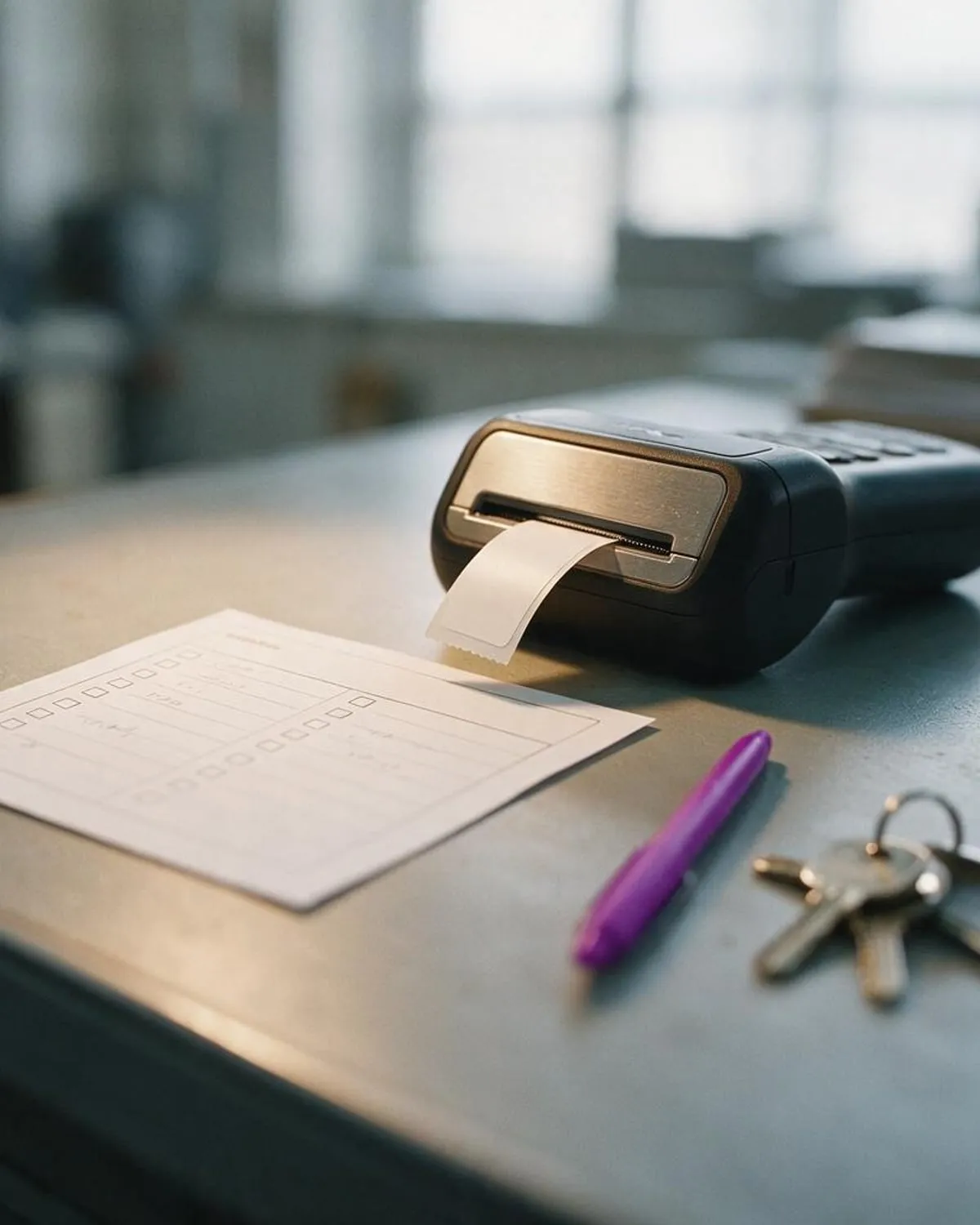 A completed job sheet, a label maker and a printed cable label on a client's desk