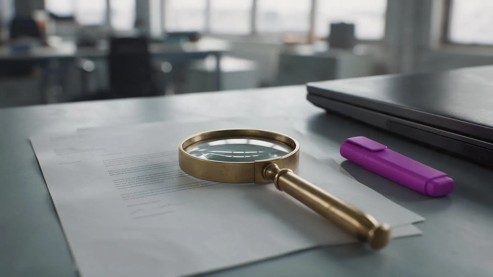 A magnifying glass resting on a printed email on a desk