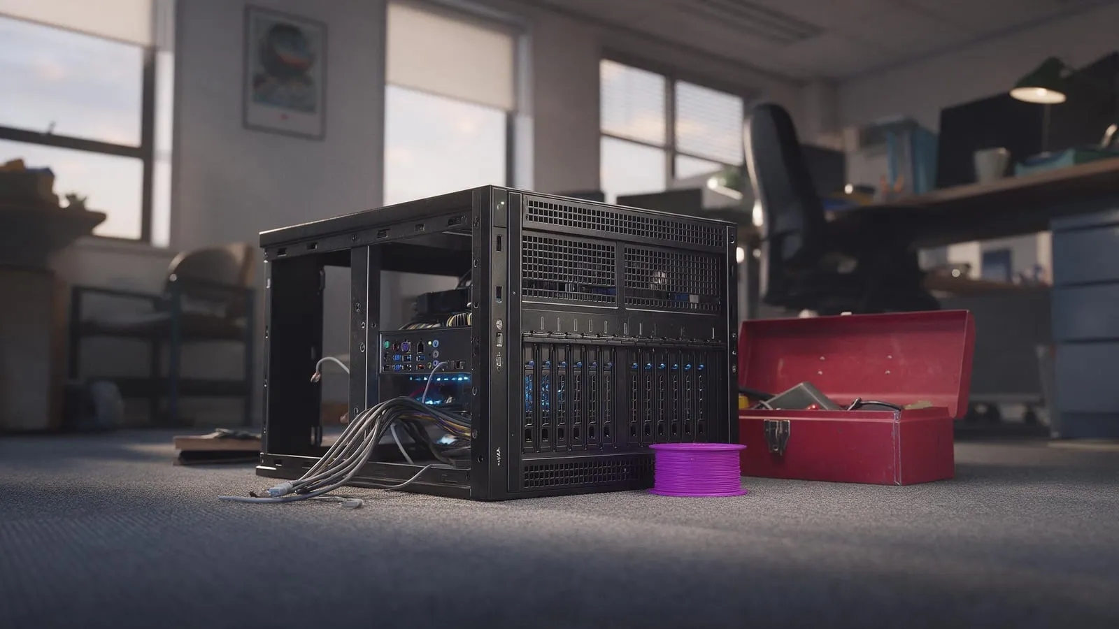 An open toolbox on an office floor beside a small server rack