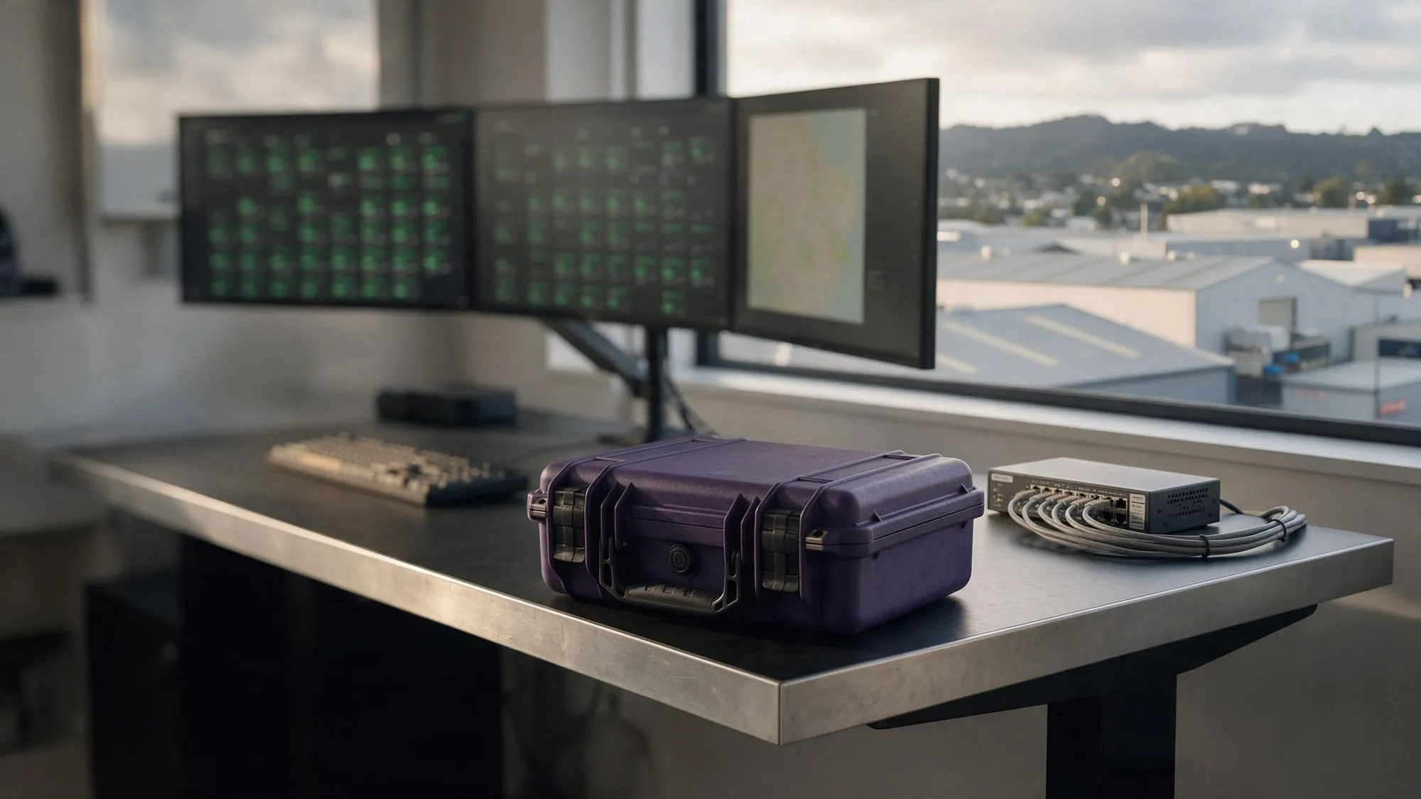 An IT operations desk at window height, three monitors with a green status grid, a deep-purple equipment case, West Auckland light-industrial rooftops outside