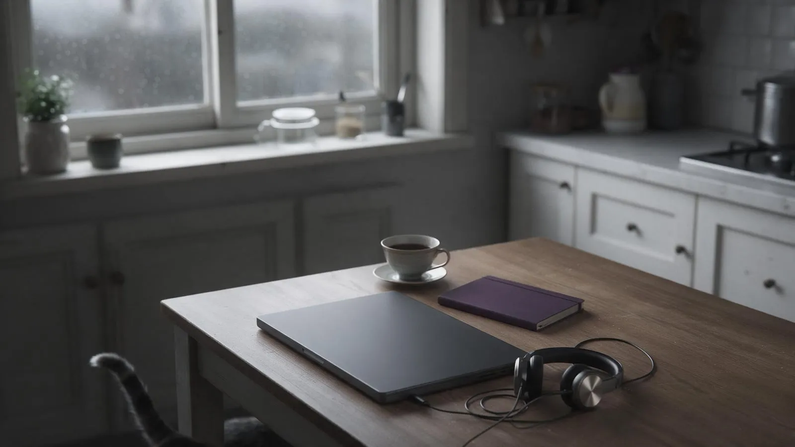 A laptop and headset on a kitchen table, rain on the window