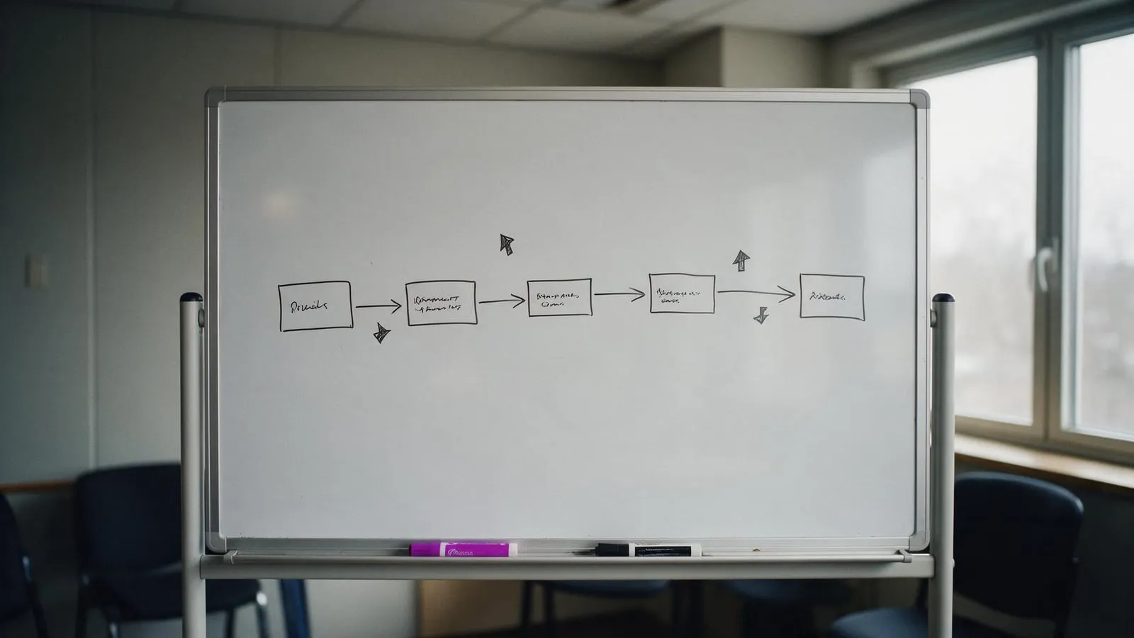 A whiteboard with a hand-drawn timeline and markers