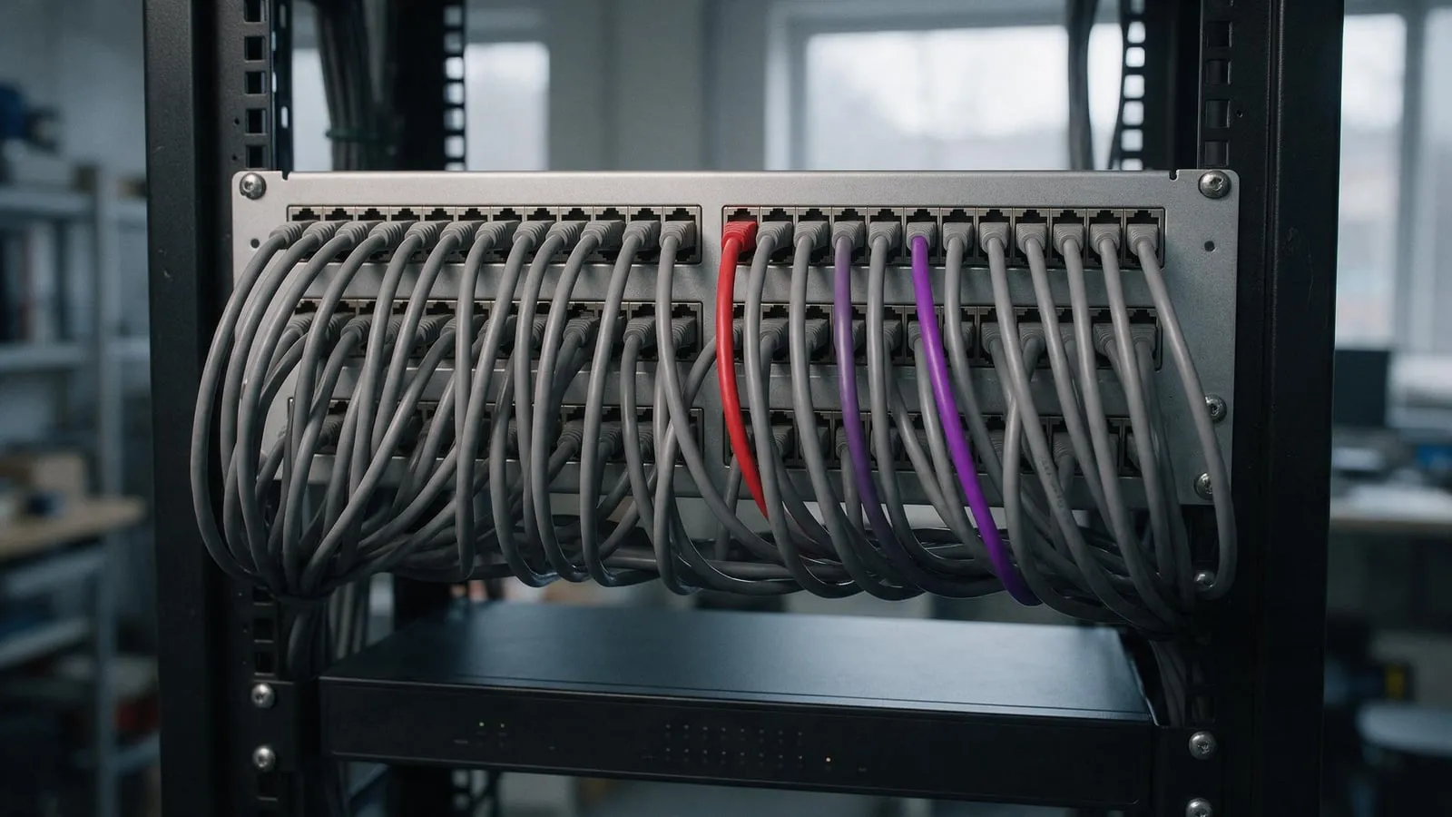 A wall of neat network cabling in a small server room, one cable red