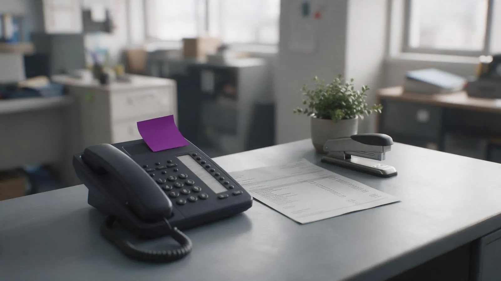 A desk phone with a purple sticky note and a monthly statement