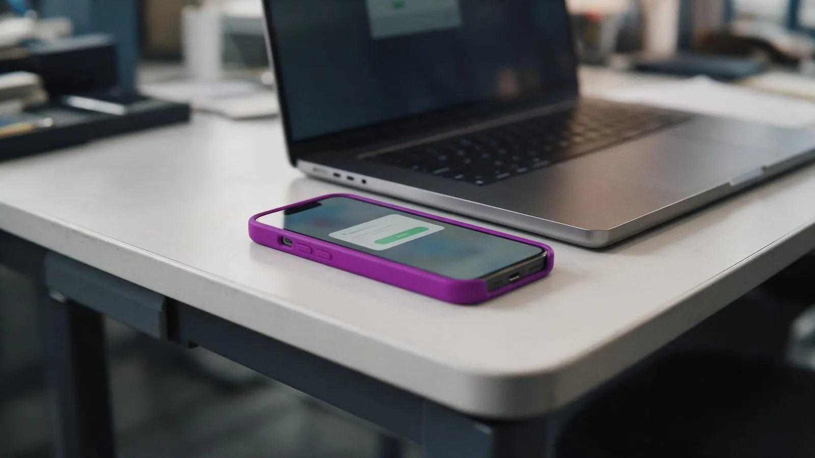 A phone showing a blurred approval prompt beside a laptop