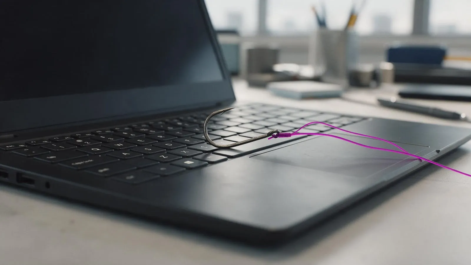 A fishing hook resting on a laptop keyboard