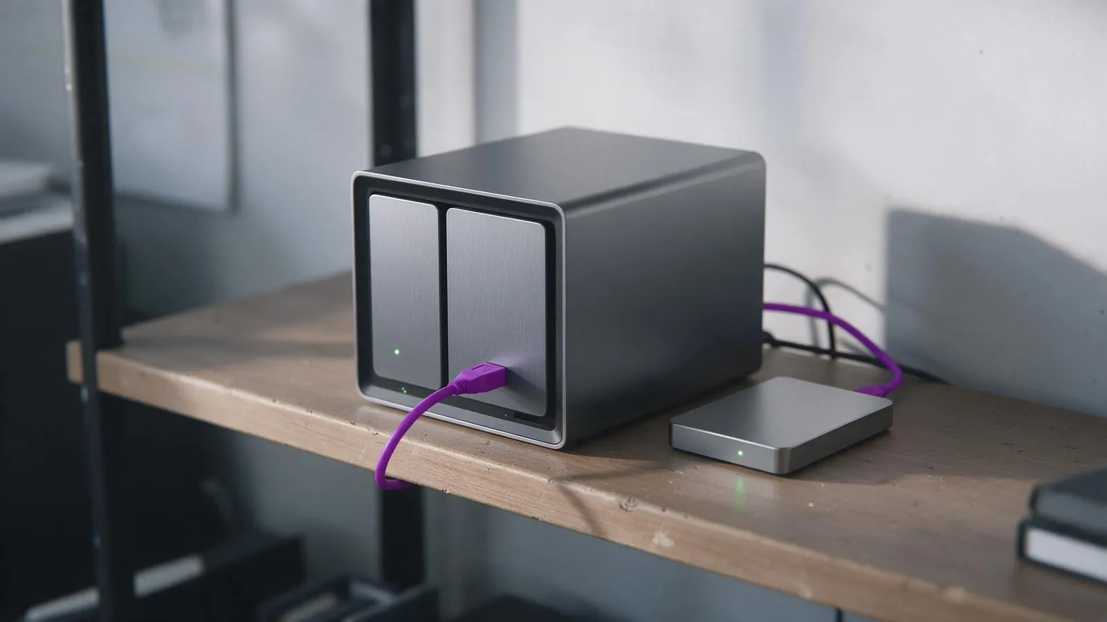 A NAS and an external drive on a shelf with a purple cable