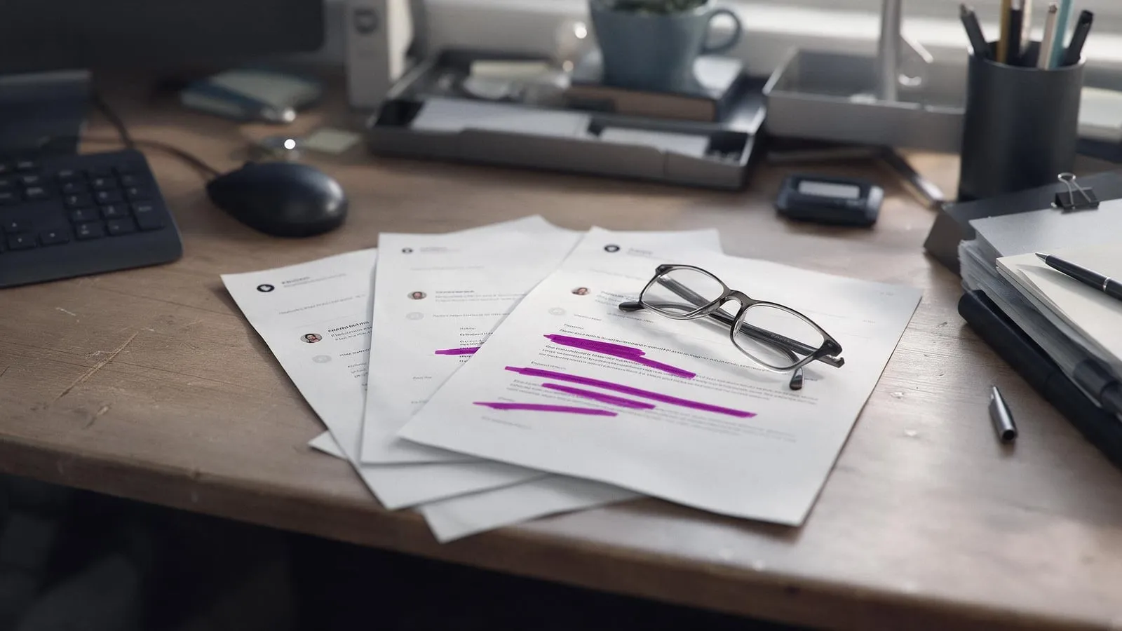 Printed emails on a desk with a highlighter