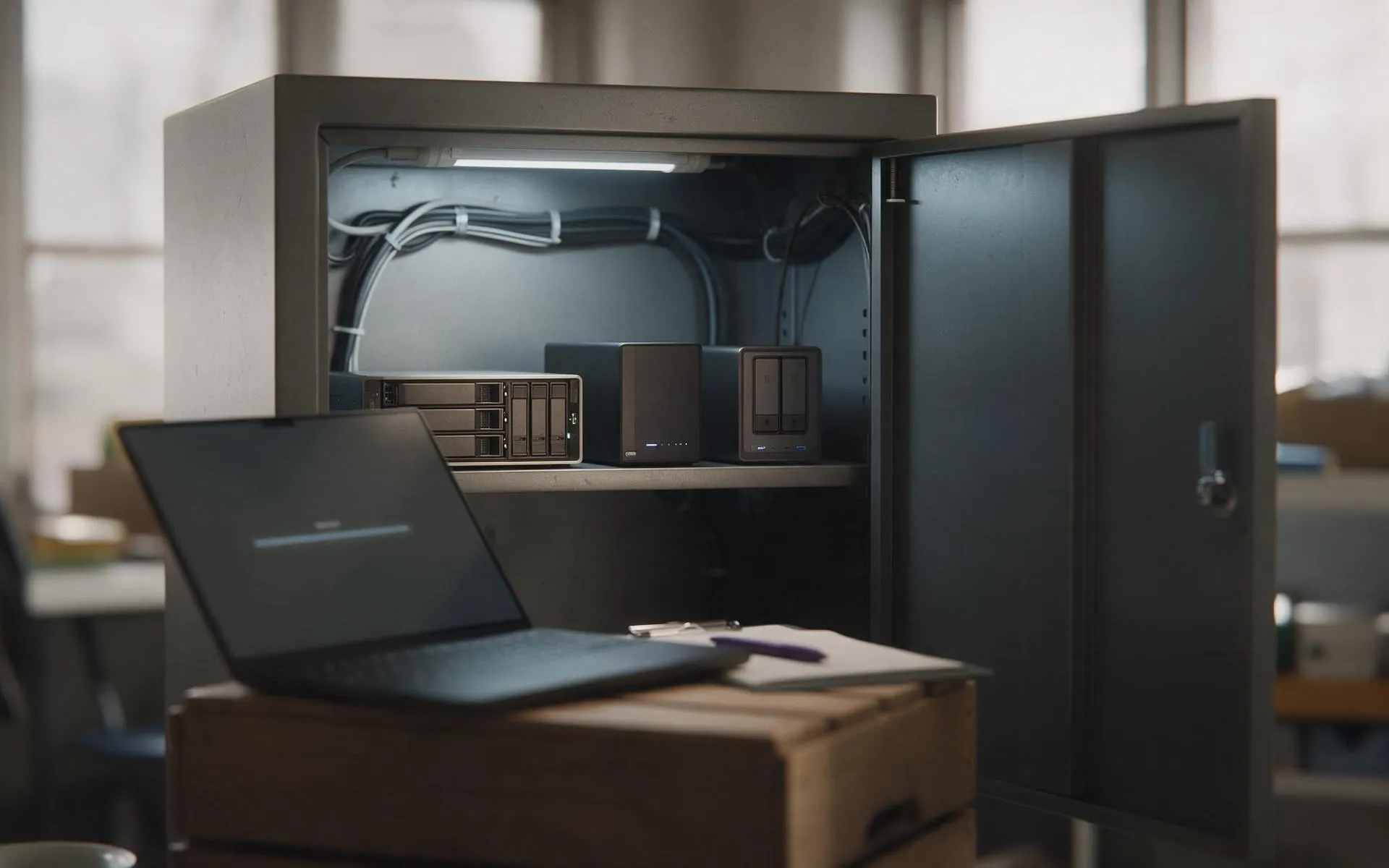A small office server cupboard with the door open: server, backup appliance and a two-bay NAS