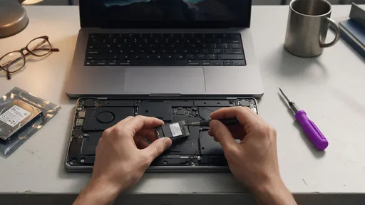 A business laptop open on a desk with the bottom panel off, a new solid-state drive being fitted