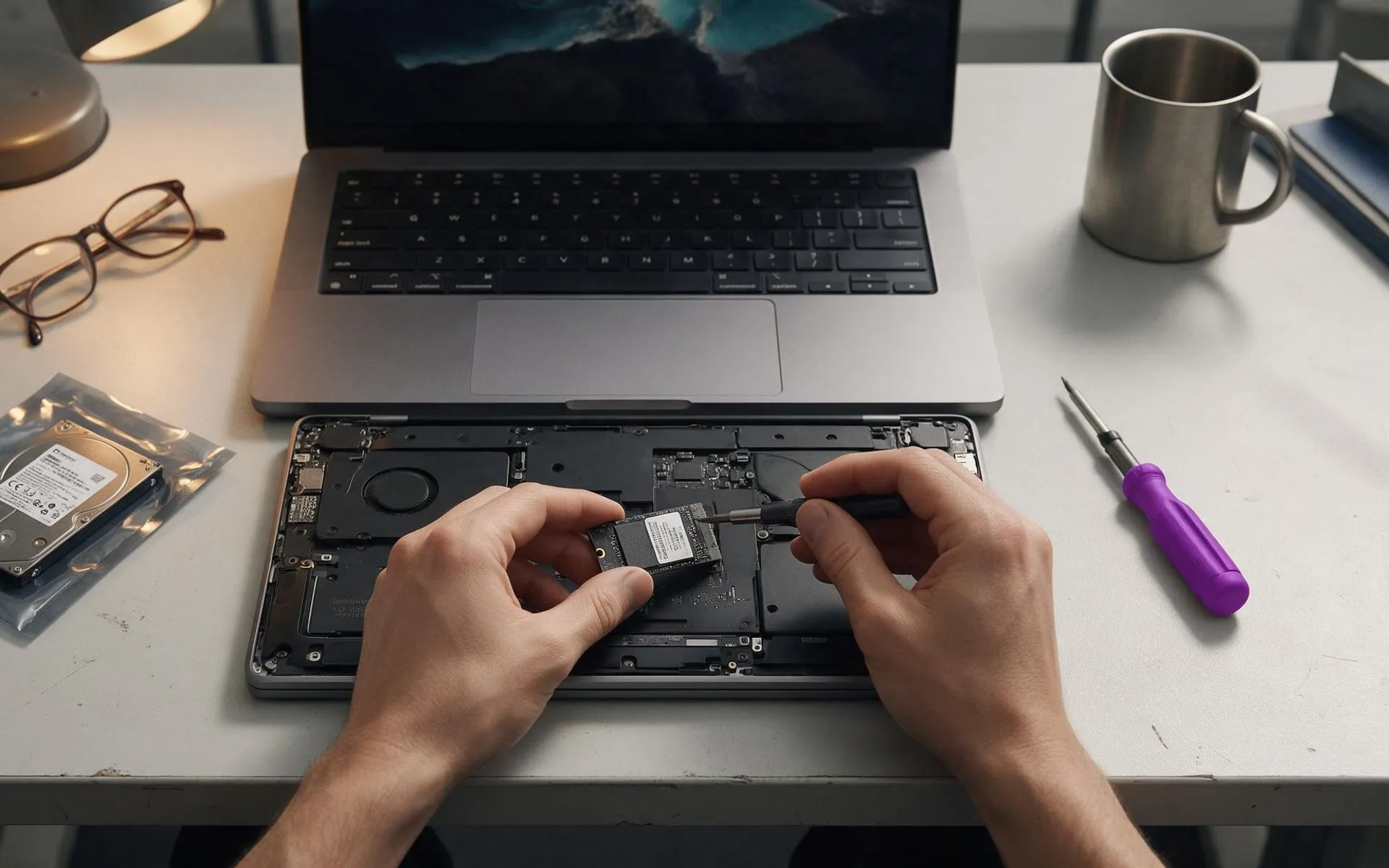 A business laptop open on a desk with the bottom panel off, a new solid-state drive being fitted