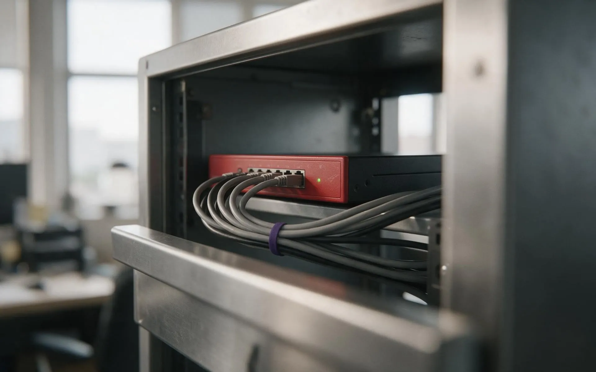 A red-fronted firewall appliance in a small wall-mounted network cabinet, one green light on
