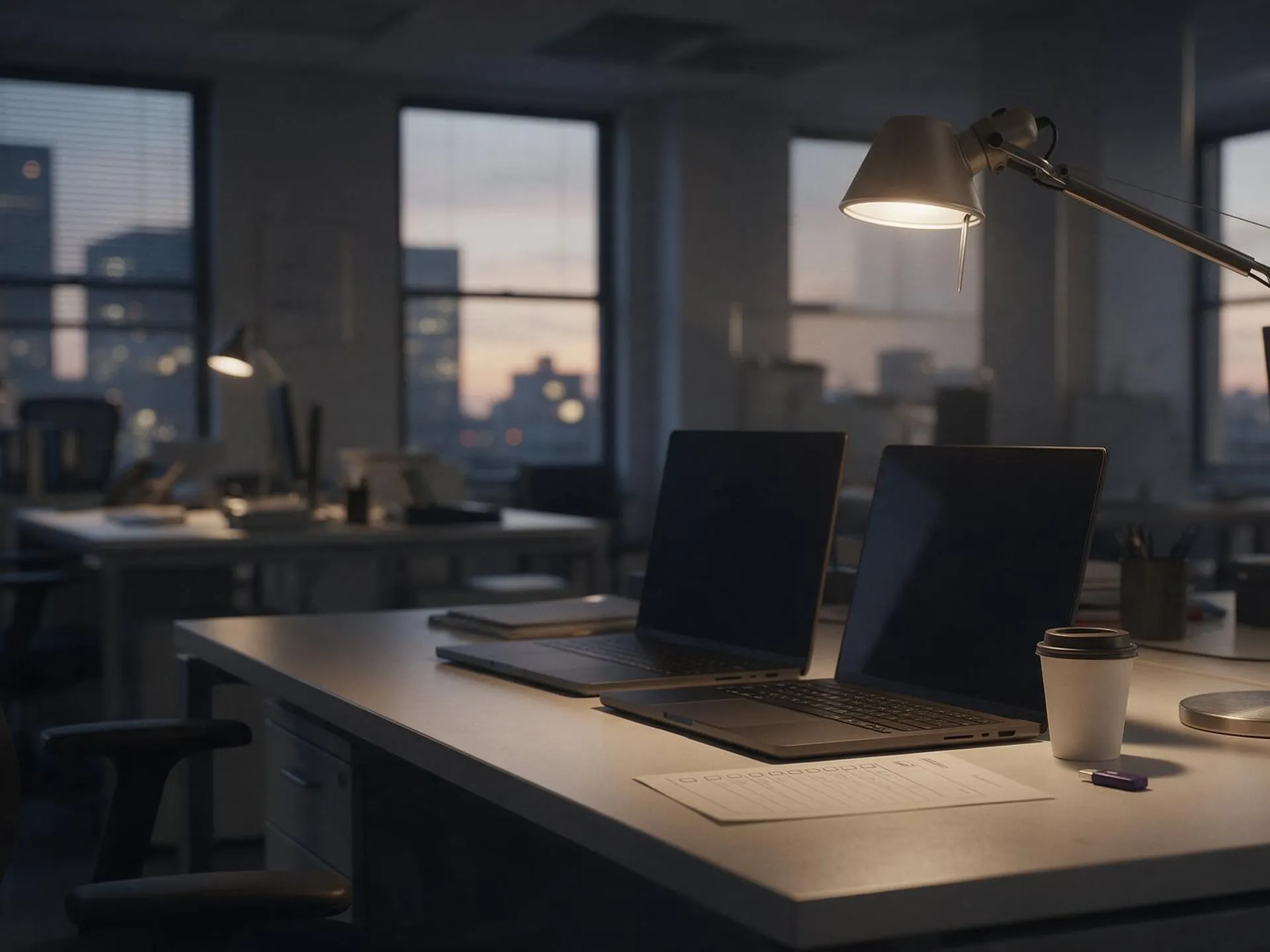 An open-plan office after hours, one desk lit by a lamp with two laptops open