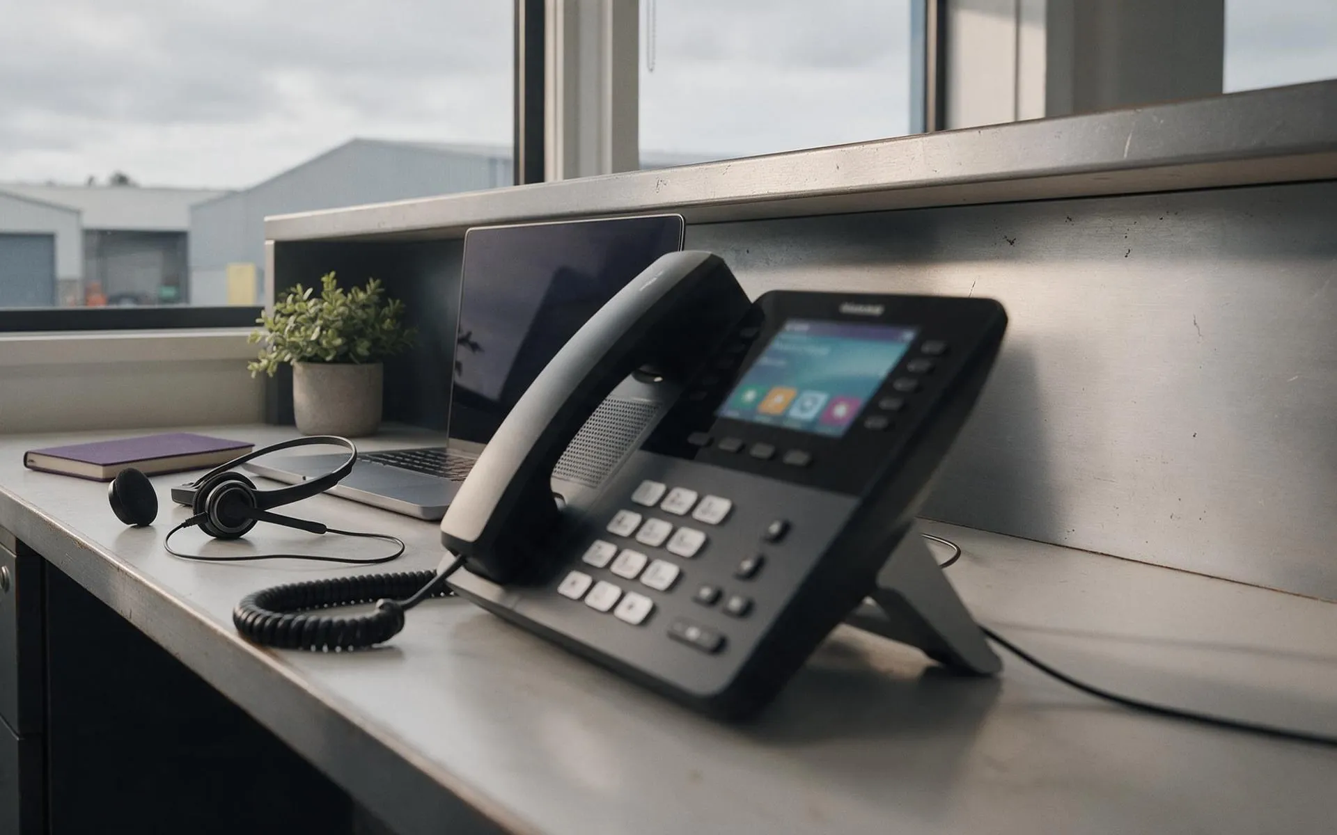 A modern black VoIP desk phone with a colour screen on a reception desk, headset beside it
