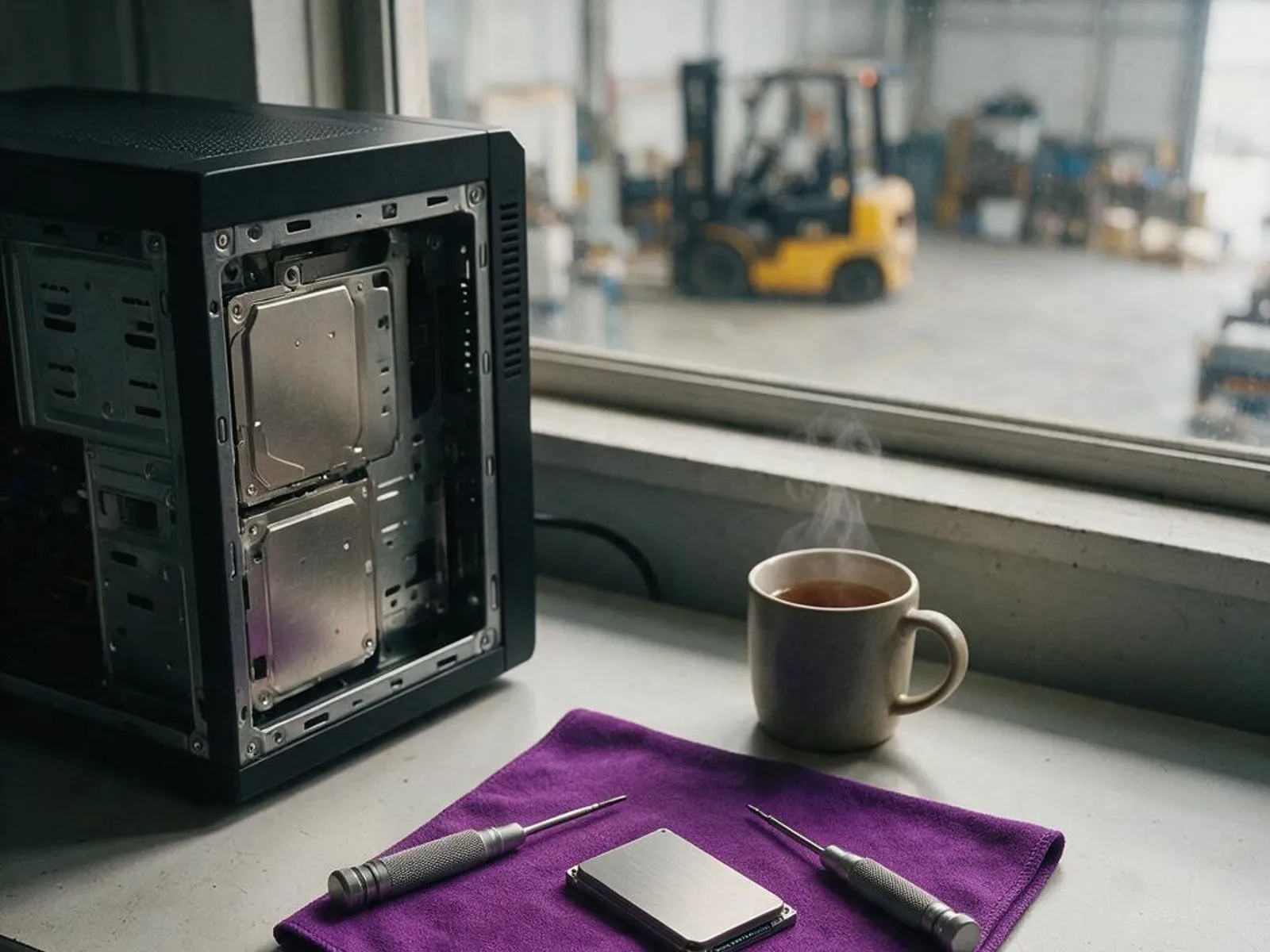 A business PC open on a workshop desk with a replacement drive laid out on a purple cloth