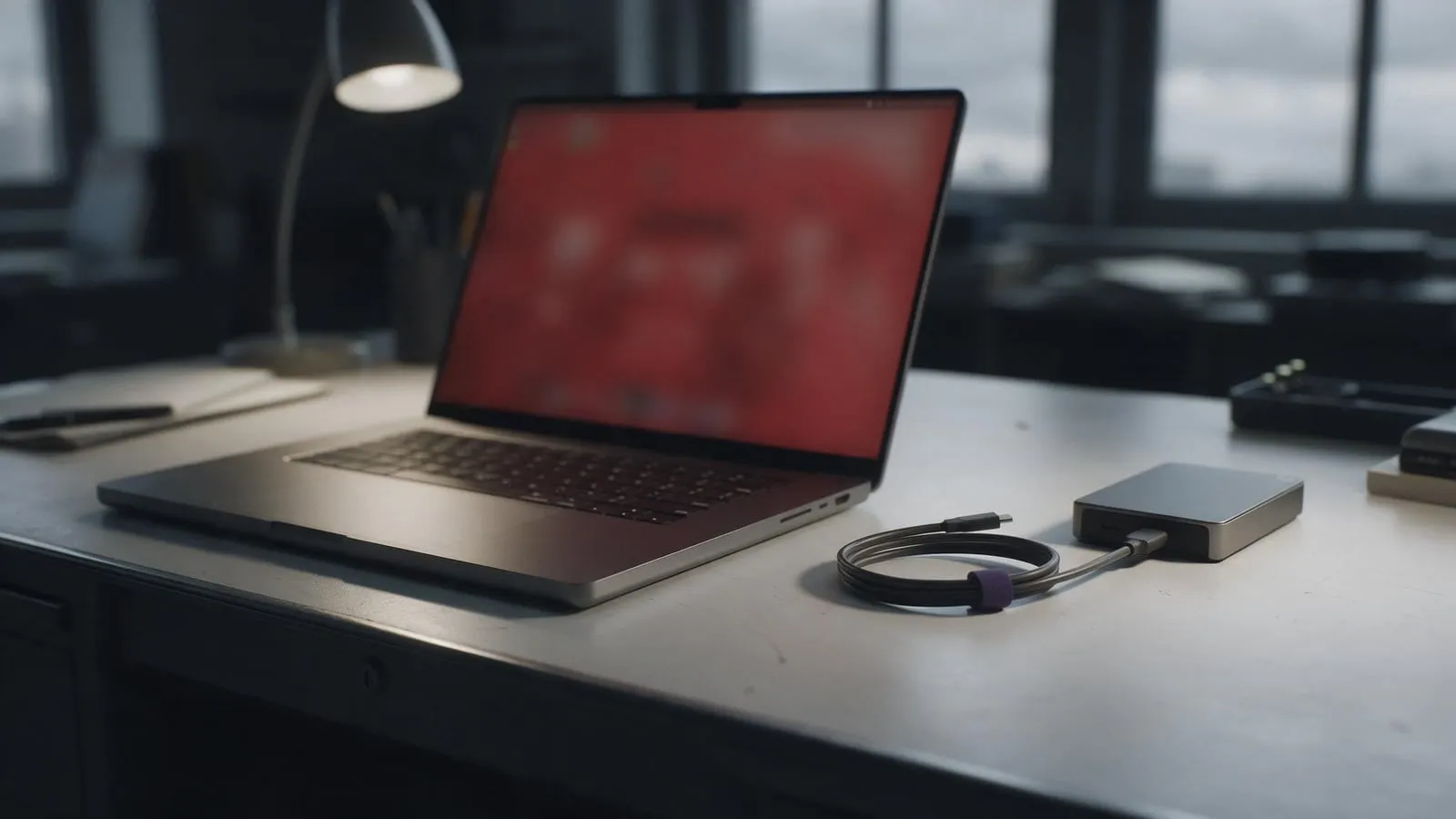An external backup drive unplugged on a desk beside a laptop