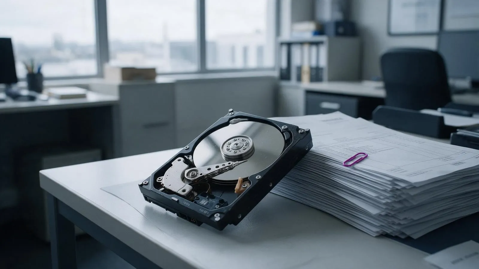 A failed hard drive with its cover removed on a desk beside a stack of invoices