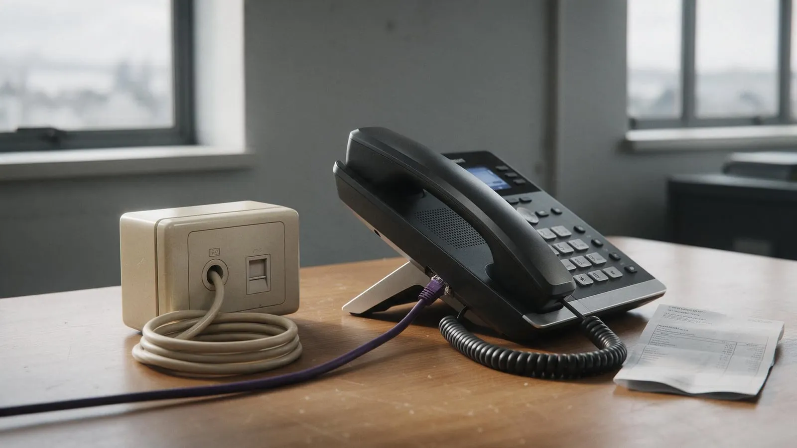 An old copper phone socket beside a modern VoIP handset and a paper phone bill
