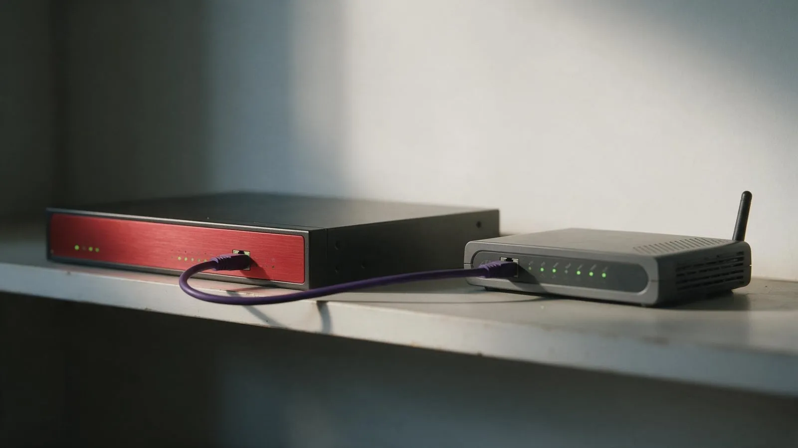 A red firewall appliance on a shelf beside a modem, purple cable between them