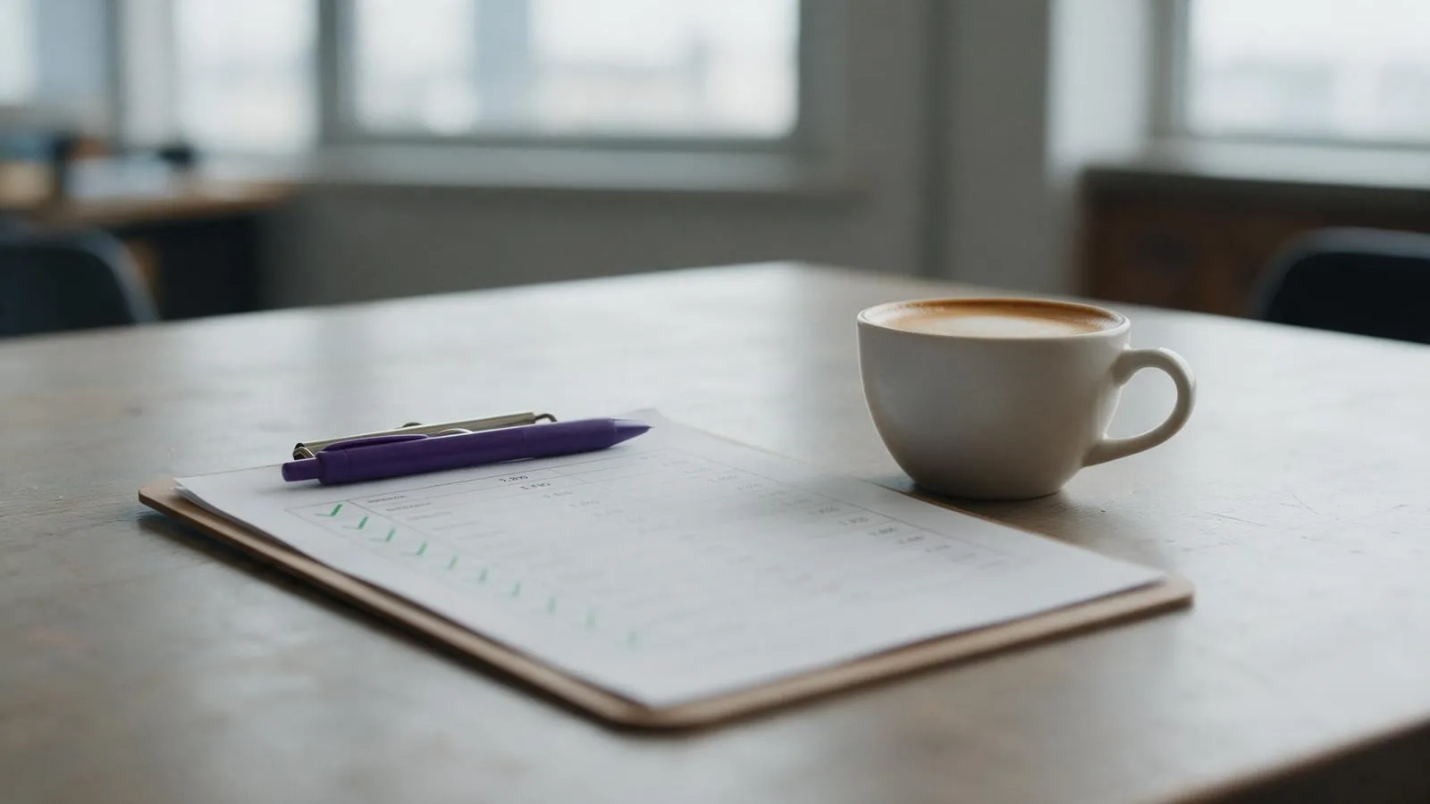 A monthly IT report on a clipboard with green ticks beside a coffee
